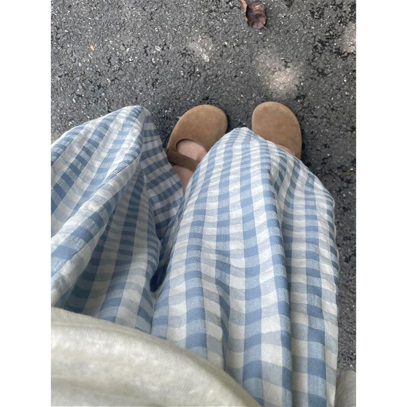 蓝色格子云朵裤女夏薄款胖妹妹mm宽松显瘦阔腿气球裤休闲九分裤子