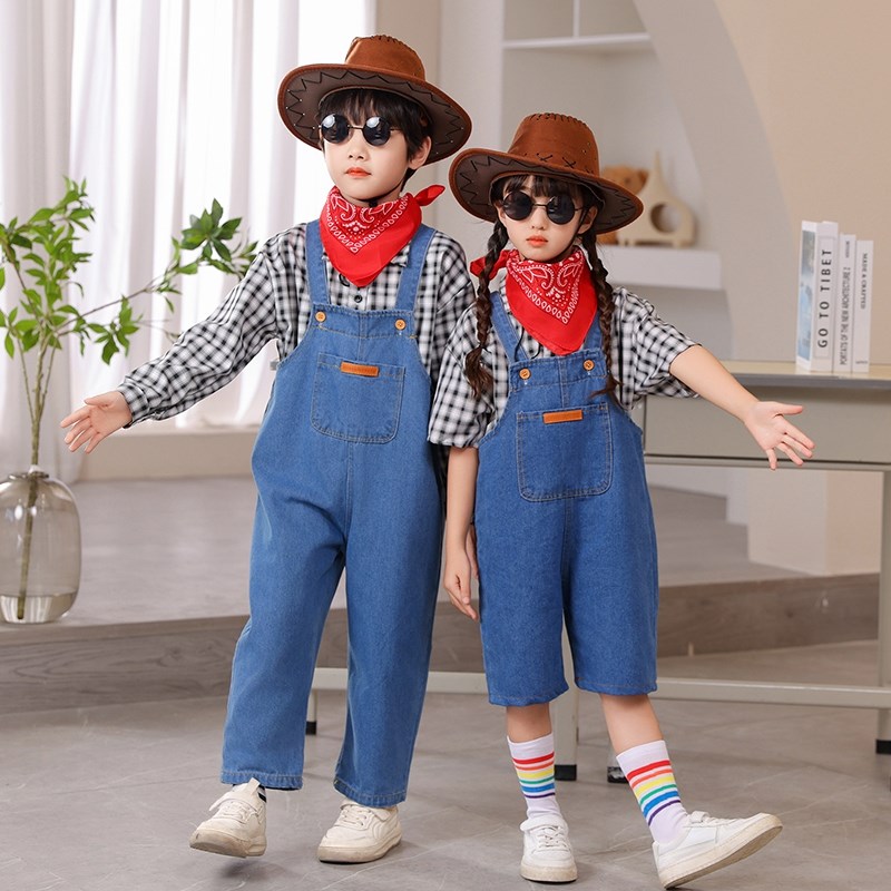 牛仔很忙幼儿园儿童合唱演出服男女童西部牛仔表演舞蹈儿童背带裤