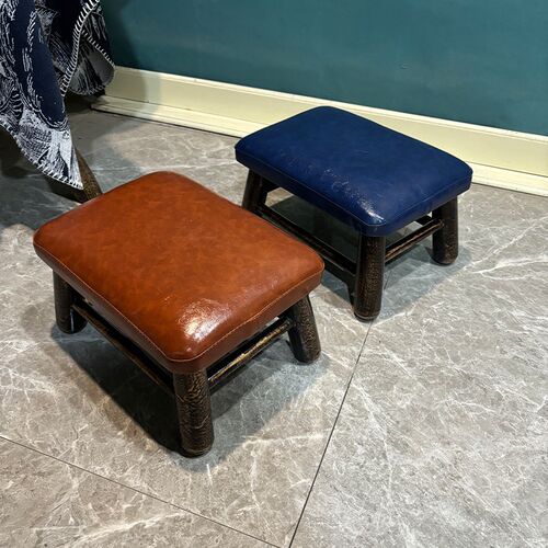 美式乡村家用客厅小凳子茶几门口换鞋长方矮板凳实木通用皮革软椅