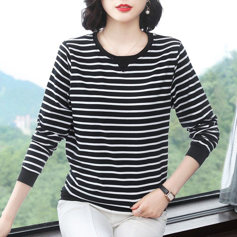 纯棉长袖t恤女秋季上衣中年妈妈装2021新款中老年条纹宽松打底衫,女装/女士精品,T恤,淘宝优惠券,粉丝福利购,淘宝优惠卷