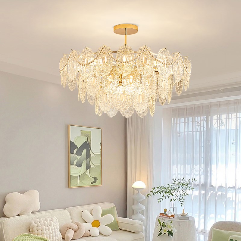 法式水晶吊灯奶油风网红创意珍珠玻璃餐厅灯2024年新款轻奢客厅灯