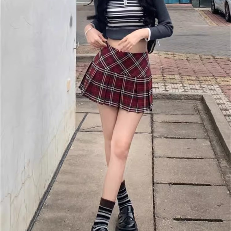 美式红色格子百褶裙半身裙女夏季新款大码胖MM高腰a字jk短裙半裙