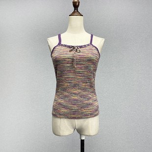 甜美针织吊带背心女弹力修身性感彩虹条亮丝不灵闪闪的花边打底衫