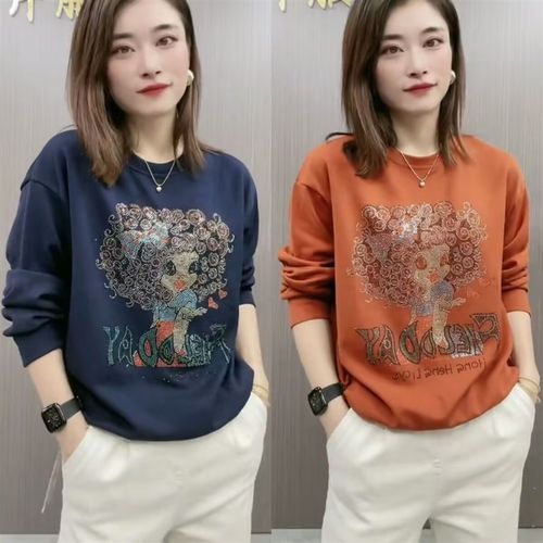 圆领卫衣女春秋季新款时尚镶钻T恤打底衫妈妈装宽松显瘦长袖上衣