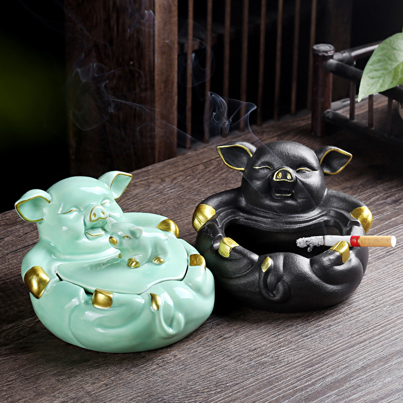 卡通陶瓷动物烟灰缸创意桌面灭烟缸带盖防飞灰大号室内客厅摆装饰