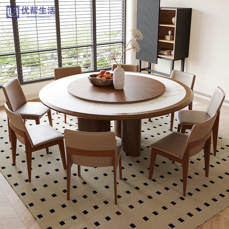 实木岩板大圆桌诧寂北欧风酒店包厢民宿大户型别墅餐桌带转盘餐桌