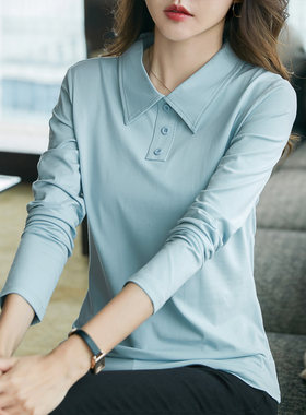 丝光棉t恤女长袖翻领上衣2023春秋新款衬衣领纯色修身百搭打底衫