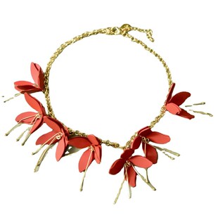 新款时尚夸张设计感喷漆红色花朵金色项链女潮流配饰品现货