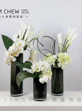 轻奢现代璃北欧黑色色直筒ZVC玻花咖瓶样板间售家楼处客厅居软装