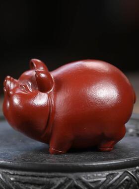 紫砂茶宠猪件茶玩具生肖大红招财小福猪茶盘WNX茶虫摆茶茶道袍可