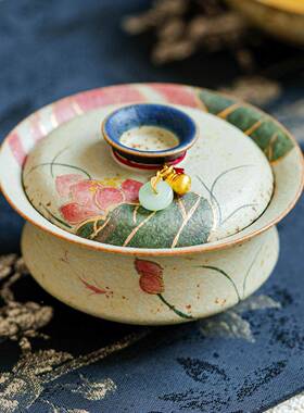 青火25JS09-1石花红盖碗家用陶精瓷泡茶碗手绘锦鲤戏荷茶高档致功