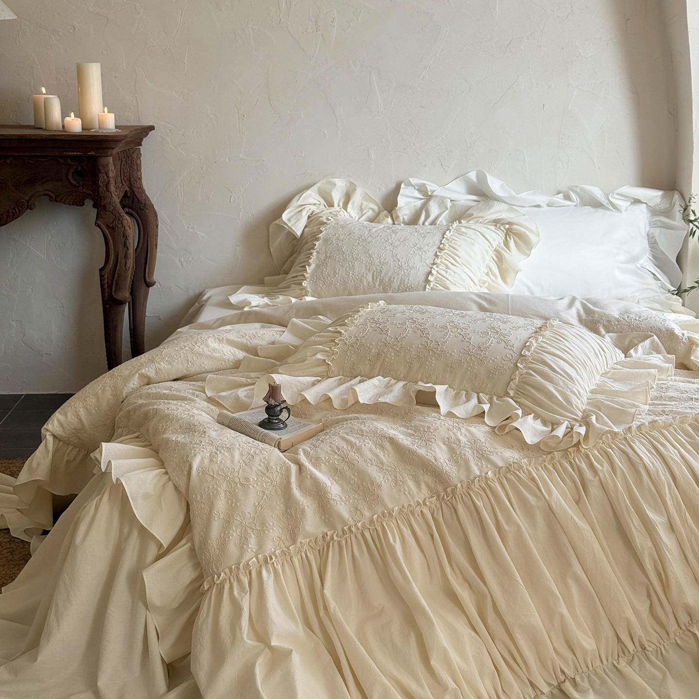 法式少女心全棉色织水洗棉四件套公主风床裙款奶油白刺绣被套床品