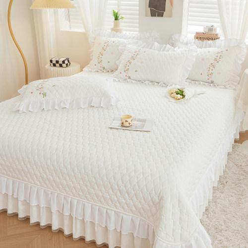 韩式纯色公主风花边款水洗棉夹棉床盖单件加厚床单三件套四季通用