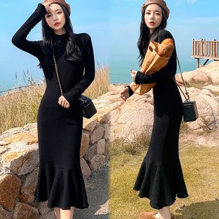 春秋法式复古显瘦针织连衣裙长袖气质裙修身中长款毛衣鱼尾裙子冬