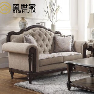 美式乡村实木复古做旧三人沙发原木法式别墅客厅棉麻布艺双人沙发