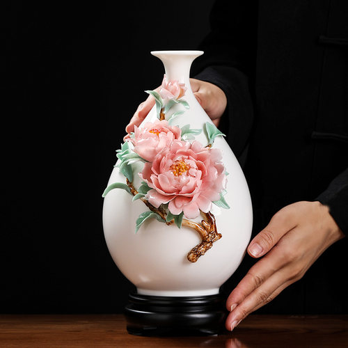 陶瓷花开富贵手工花瓶中式摆件客厅卧室博古架柜台高端轻奢装饰品