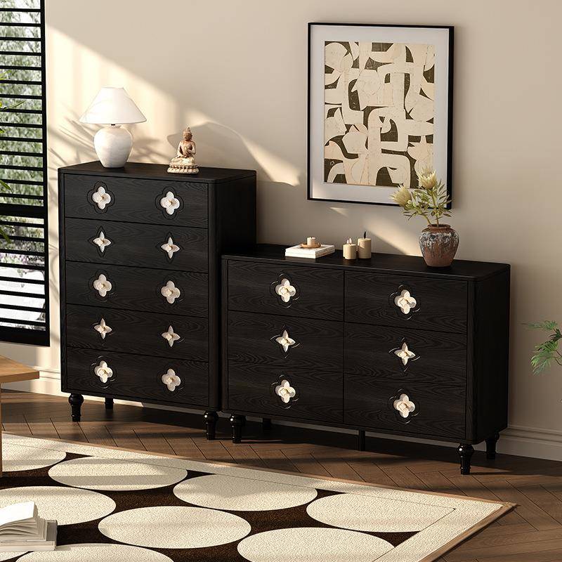 法式复古风斗柜黑色实木卧室置物柜床尾抽屉柜客厅靠墙储物五斗柜