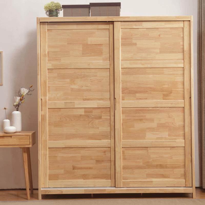 欧北全实木推拉移柜门衣柜0058橡胶木简约原木色代二门衣现风卧室