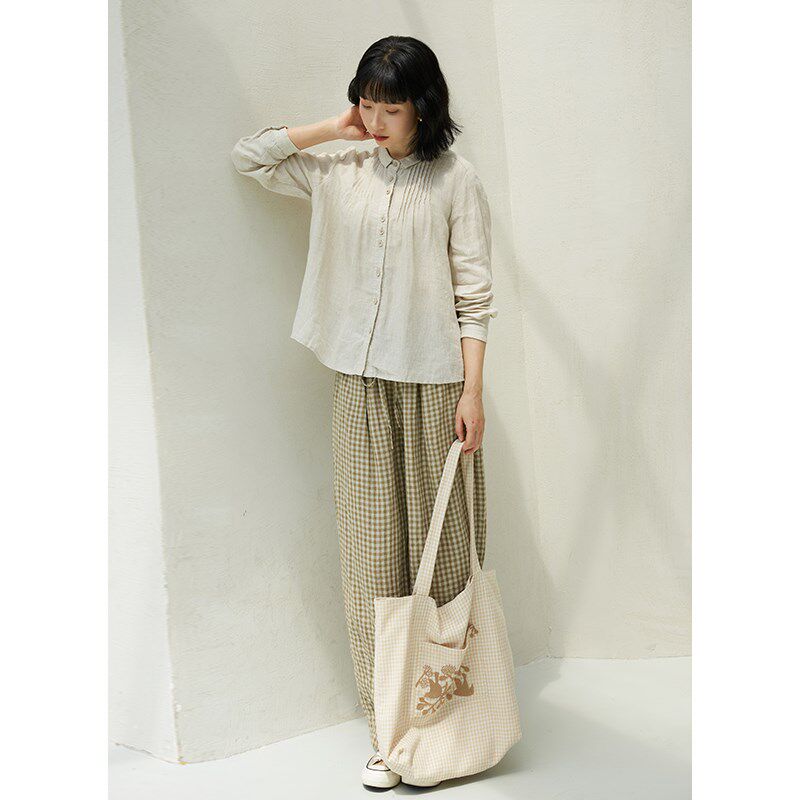 忘城Y511座/灵魂伴侣/新款棉麻混纺色织米白格绣花正方两背单肩包图片