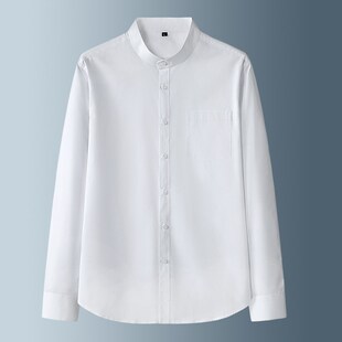 白色立领衬衫男长袖春季村杉弹力200斤上班有口袋无圆领衬衣工装