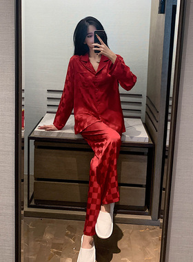 冰丝睡衣女春秋款红色本命年家居服秋季女士高级感大码网红风套装