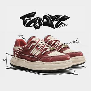 FGMM隐形增高7CM厚底溶解鞋子男女款运动休闲板鞋红色水洗帆布鞋