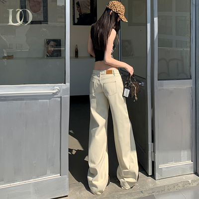 美式复古杏色直筒牛仔裤女2025新款低腰显瘦辣妹垂感阔腿拖地裤