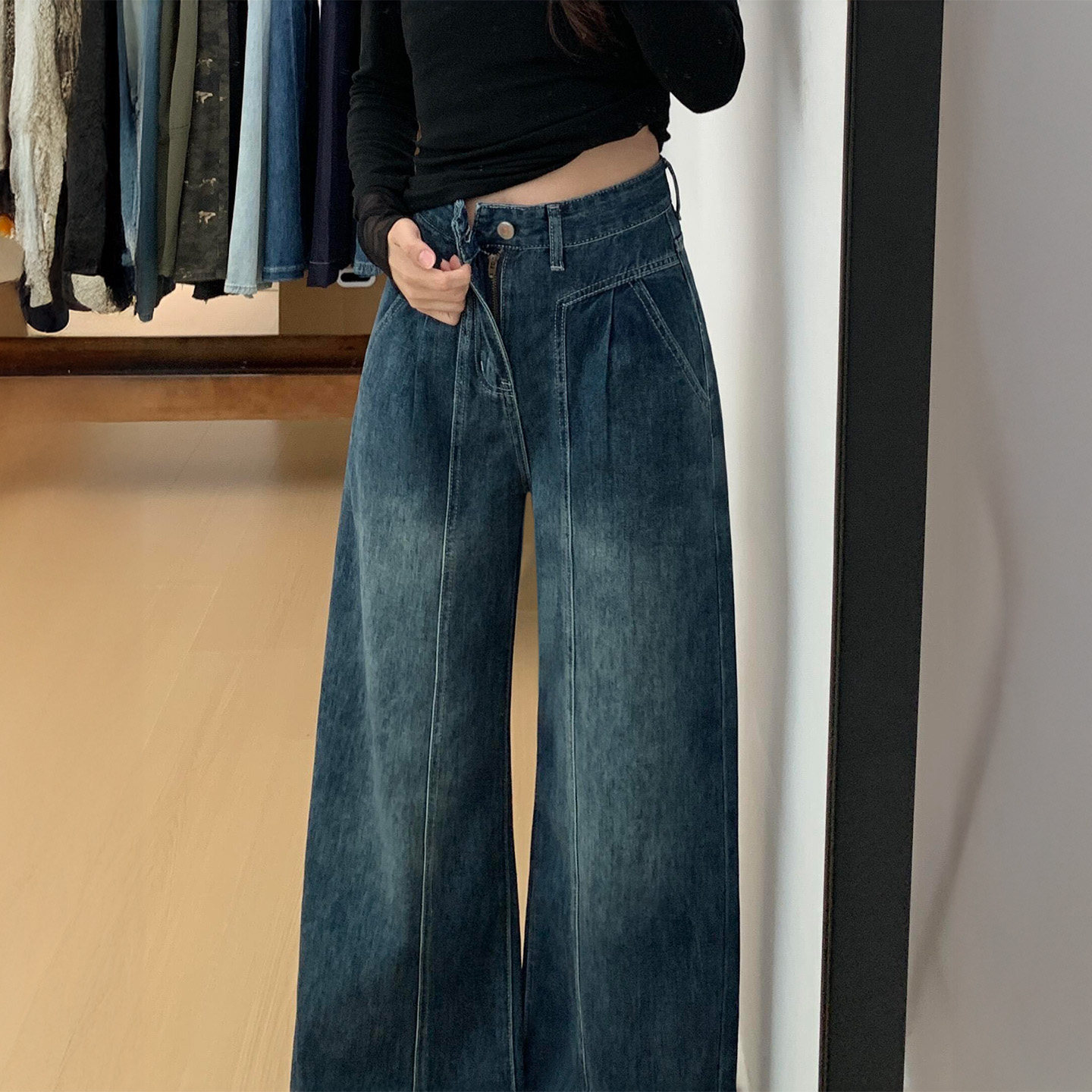 复古蓝直筒牛仔裤女秋冬加绒大码胖mm梨型身材高腰宽松显瘦阔腿裤