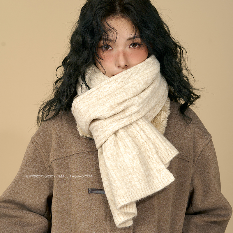 软糯米白色纯色围巾女冬