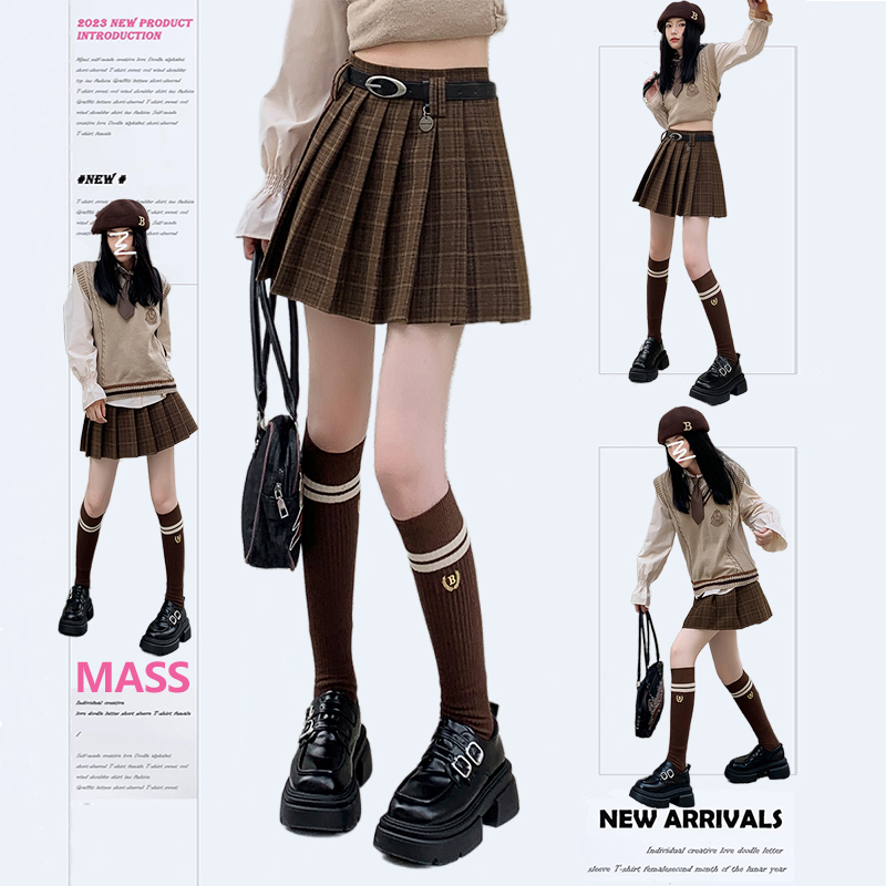 MASS 学院风咖色美拉德穿搭JK百褶短裙女秋冬新款2025格子半身裙