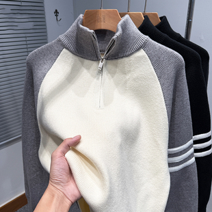 拼色插肩袖拉链半高领毛衣男款冬季韩版宽松tb针织外套运动休闲潮