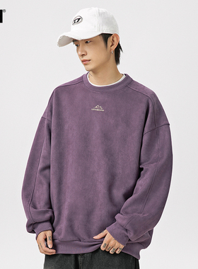 男士麂皮绒重磅紫色卫衣男冬季加绒加厚圆领2025新款长袖上衣男款