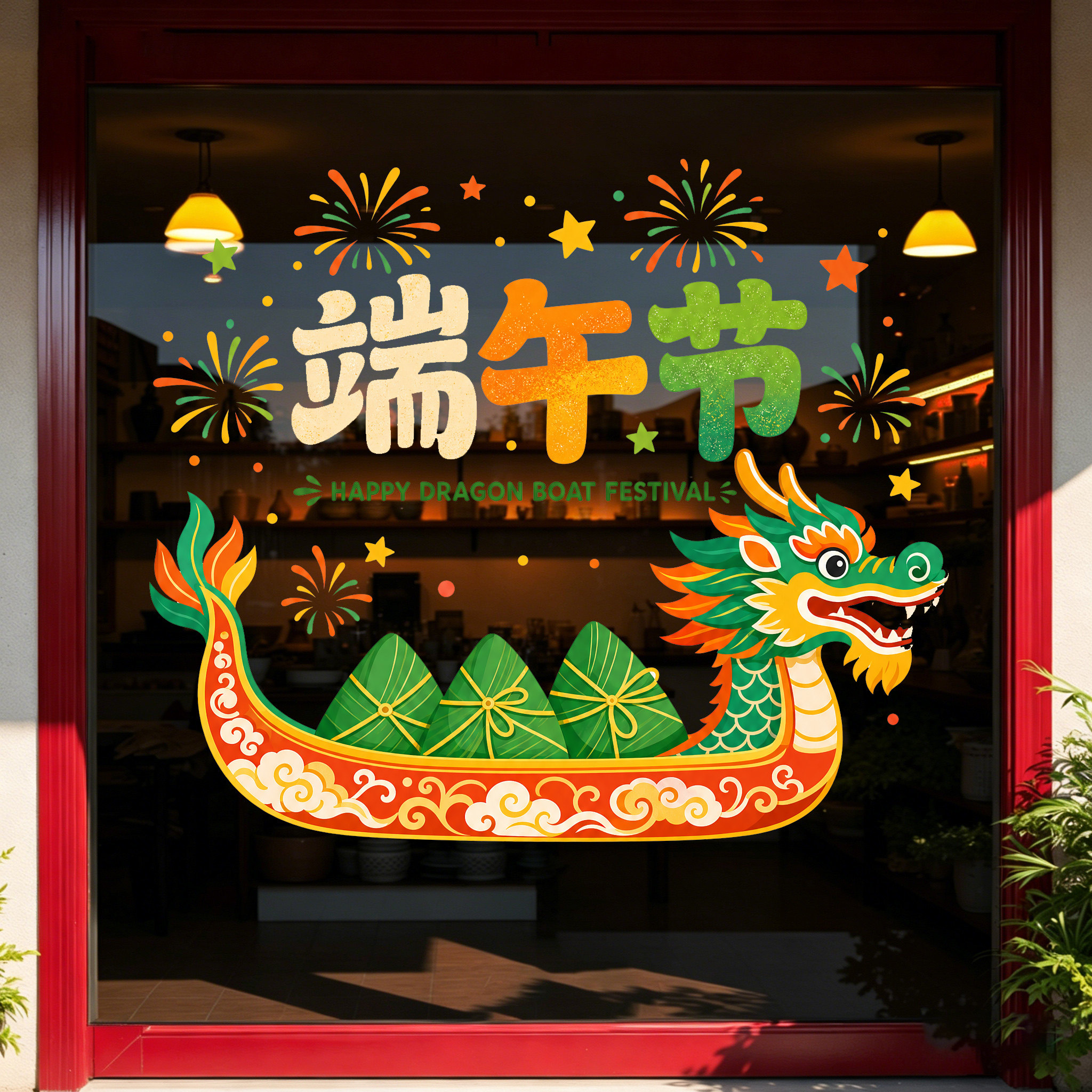 端午节玻璃贴纸龙舟主题超市装饰窗贴商场粽子店铺静电贴场景布置