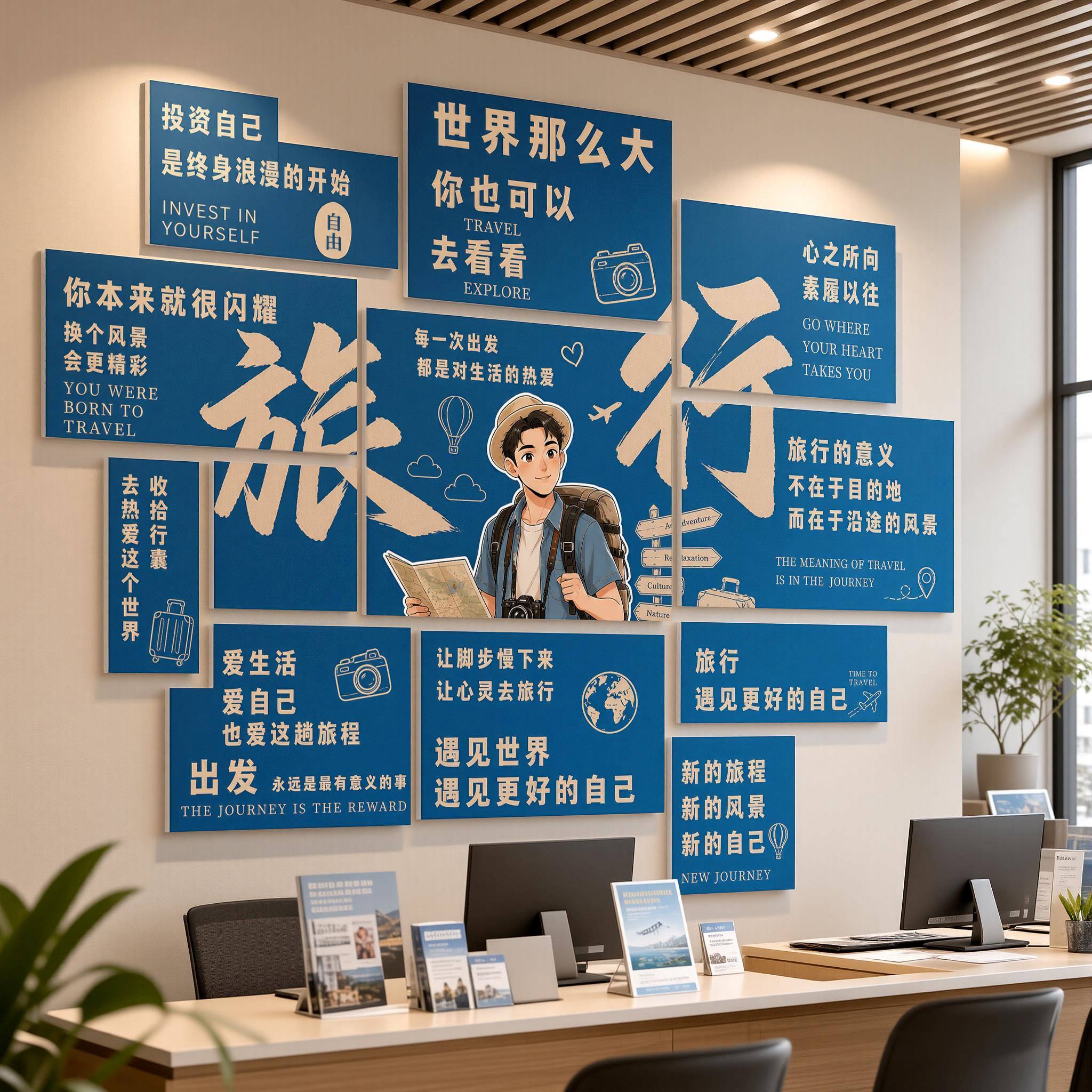 网红旅行社旅游出行游玩墙贴地图展示区标语前台海报假期装饰挂画
