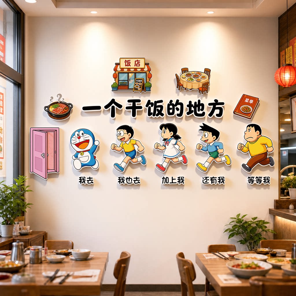 餐馆餐饮店餐厅哆啦A梦装饰墙贴打卡创意收银氛围网红饭店海报