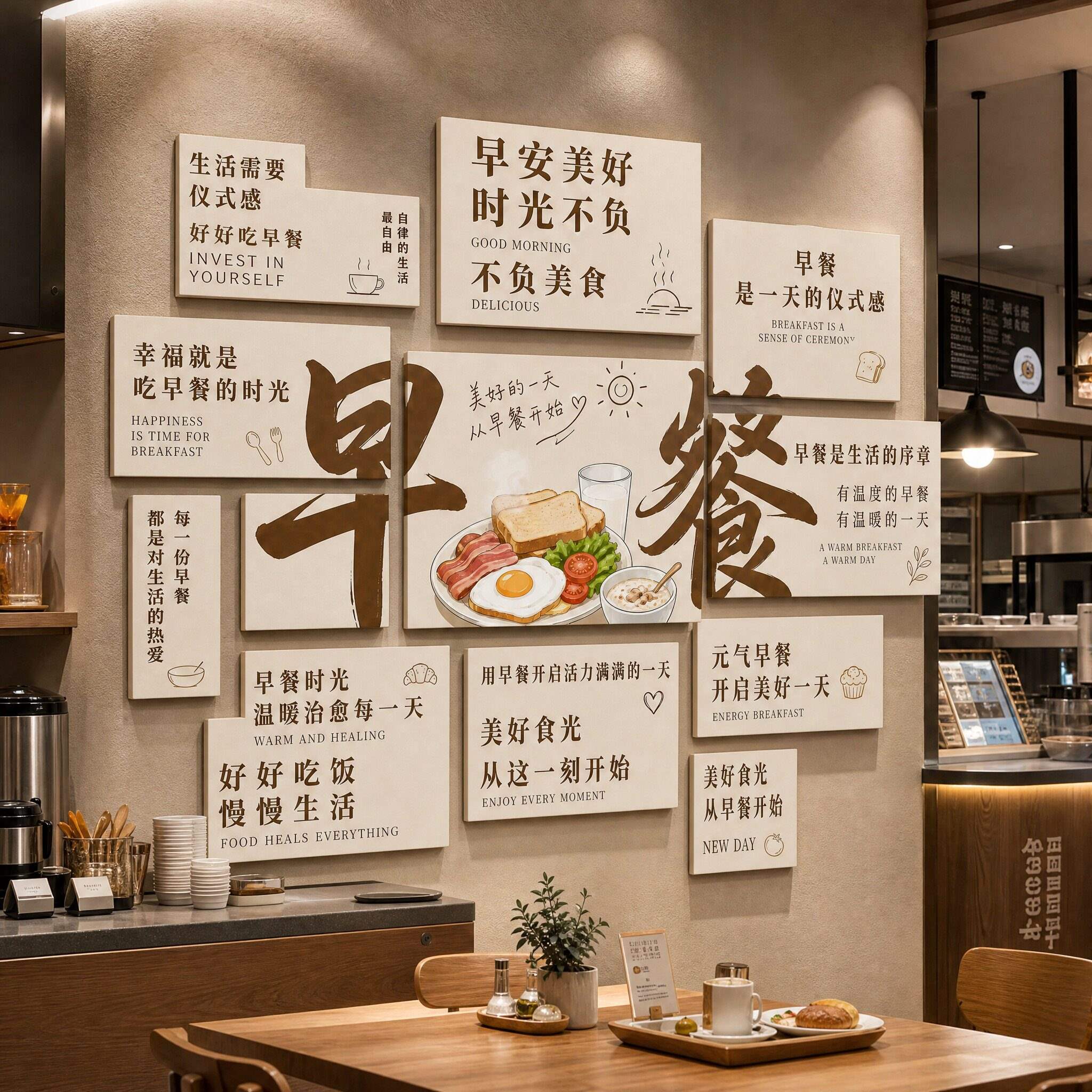 早餐店早点豆浆油条墙贴收银区海报堂食菜单标语热乎装饰广告牌