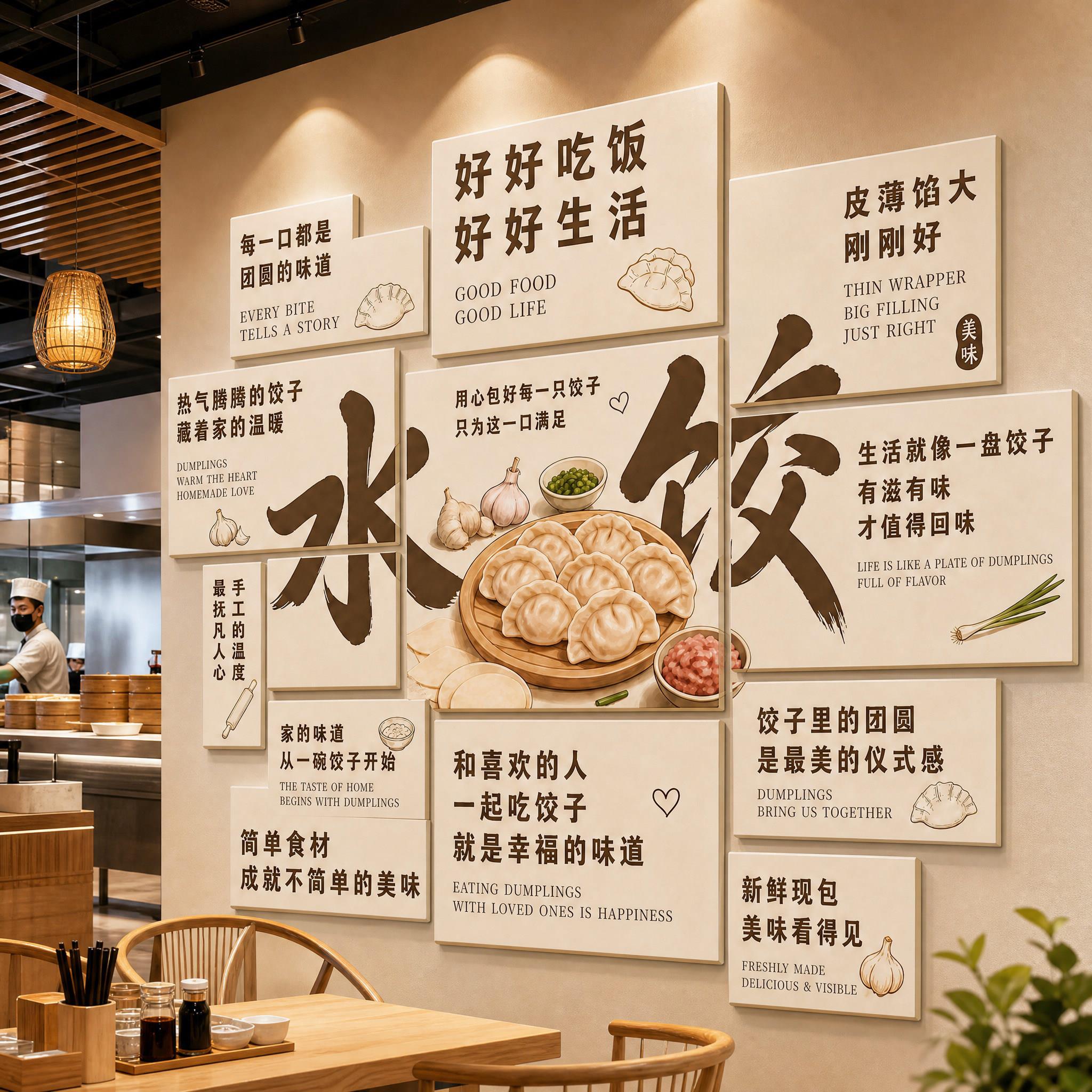 网红饺子馆水饺面食餐饮墙贴布置招牌堂食吧台挂画拍照区装饰海报