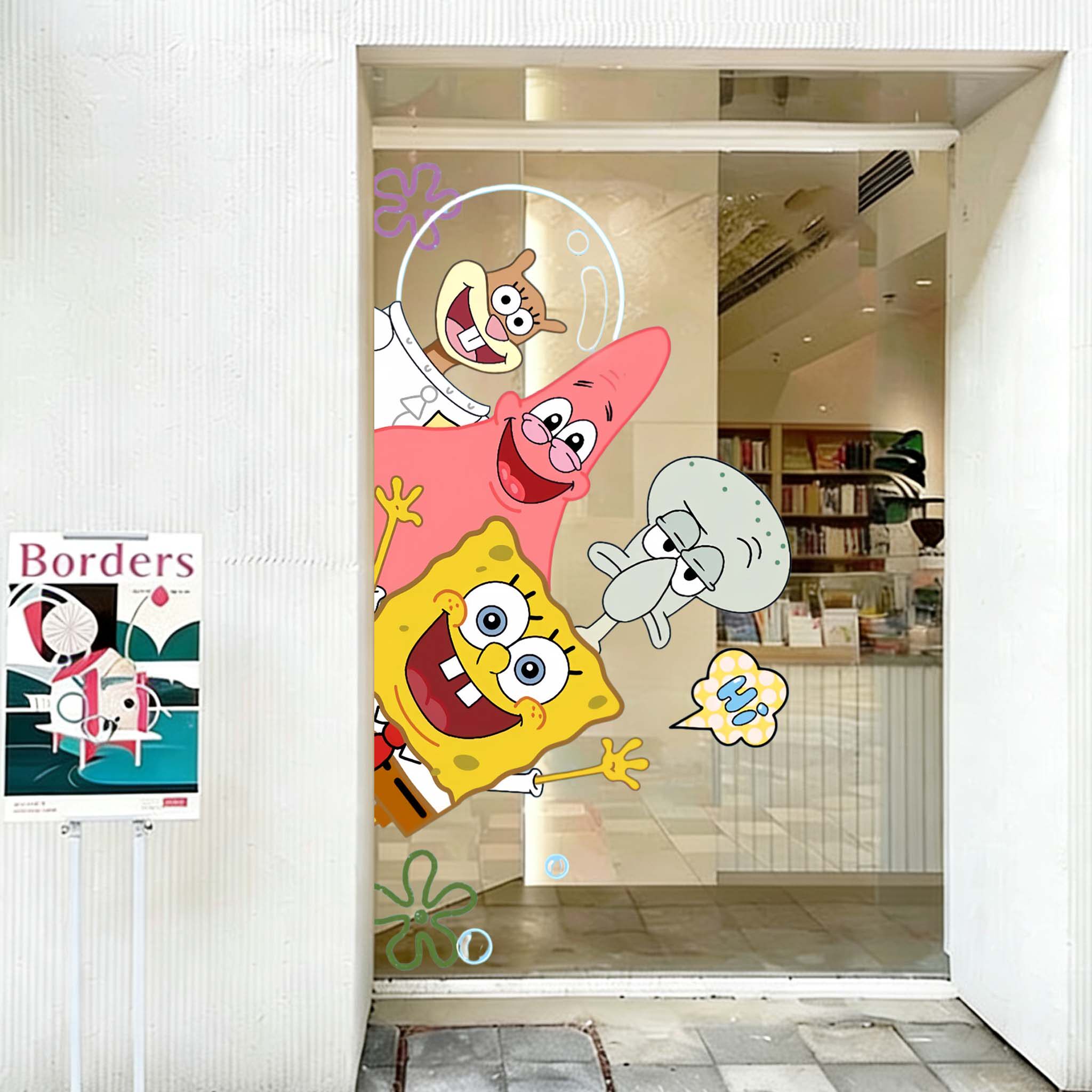 玩具店动漫手办玻璃门贴纸贴画幼儿园海绵宝宝静电贴橱窗装饰布置