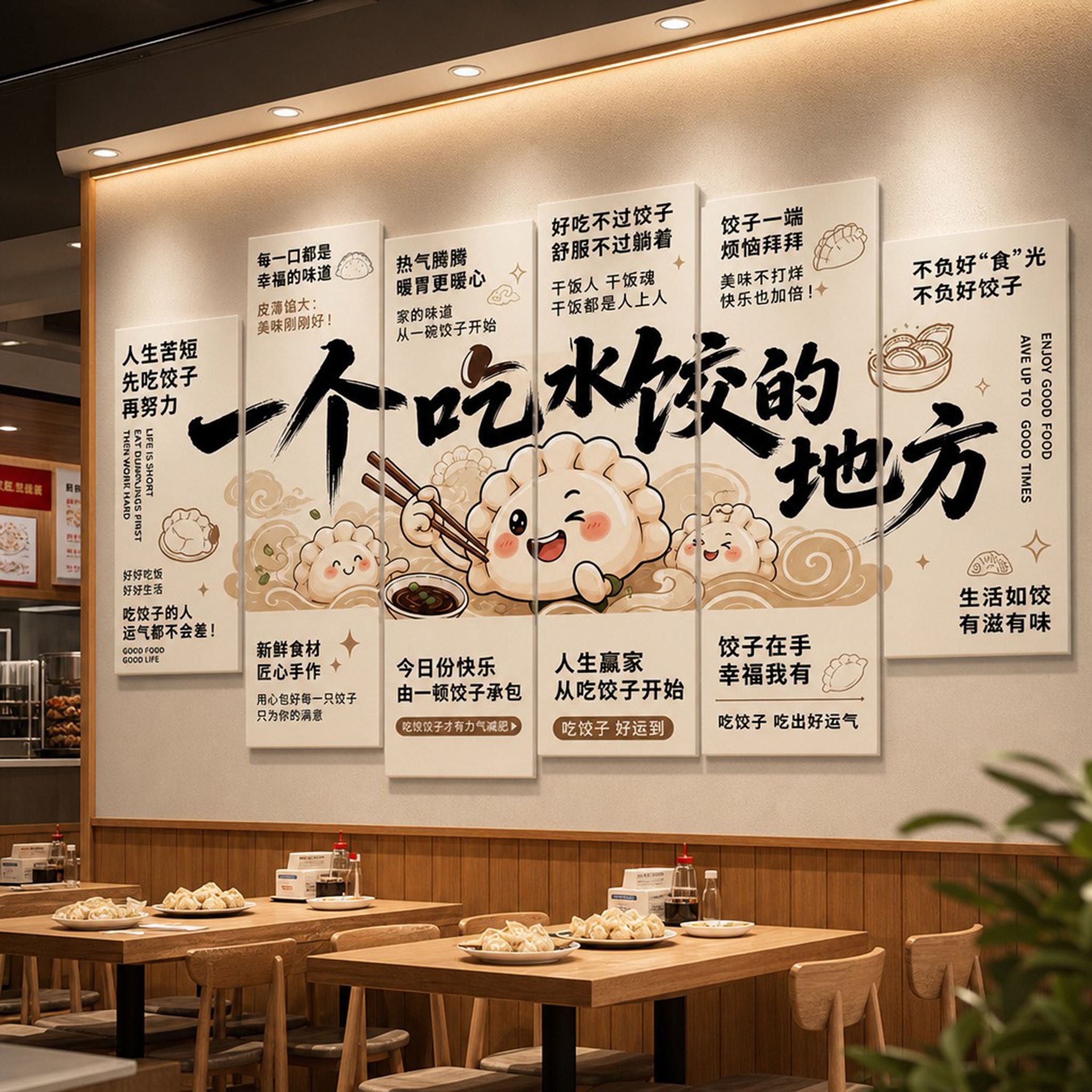创意饺子馆水饺店饭店早餐墙面装饰拍照区打卡广告贴画贴纸墙贴