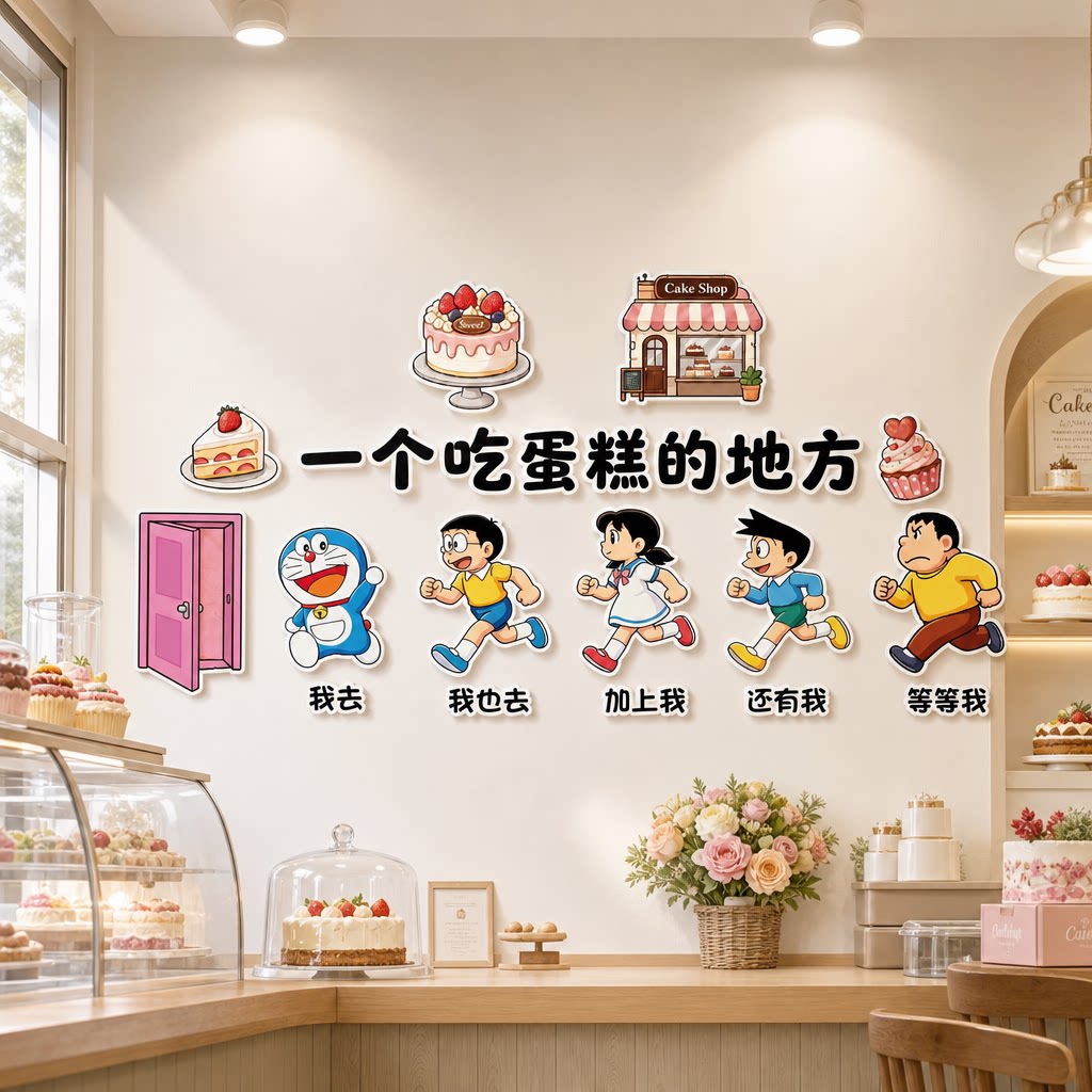 创意烘焙店蛋糕房门头哆啦A梦装饰墙贴收银背景墙氛围网红广告牌