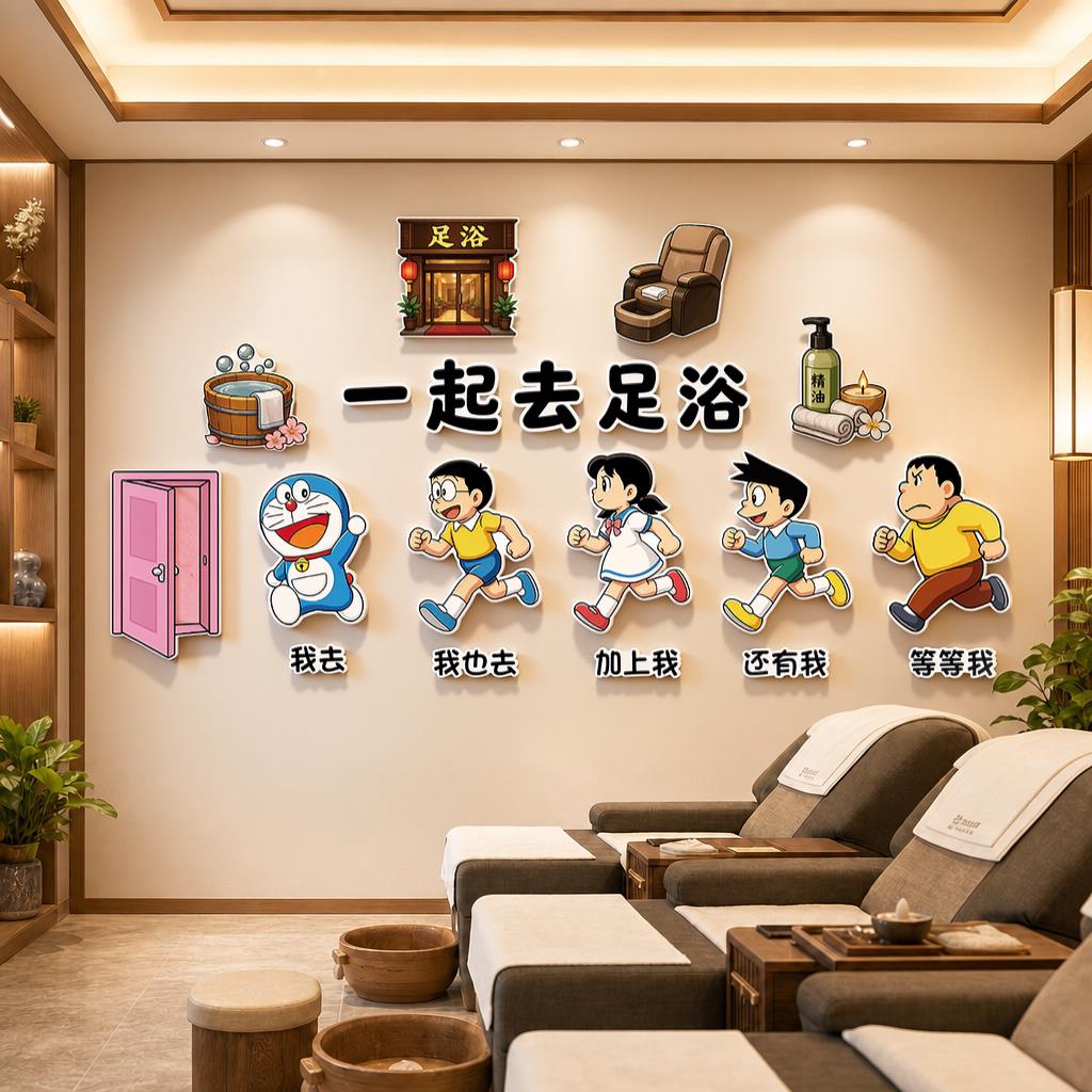 热门理疗店养生馆禅意哆啦A梦墙贴装饰足浴沐足背景墙前台贴纸