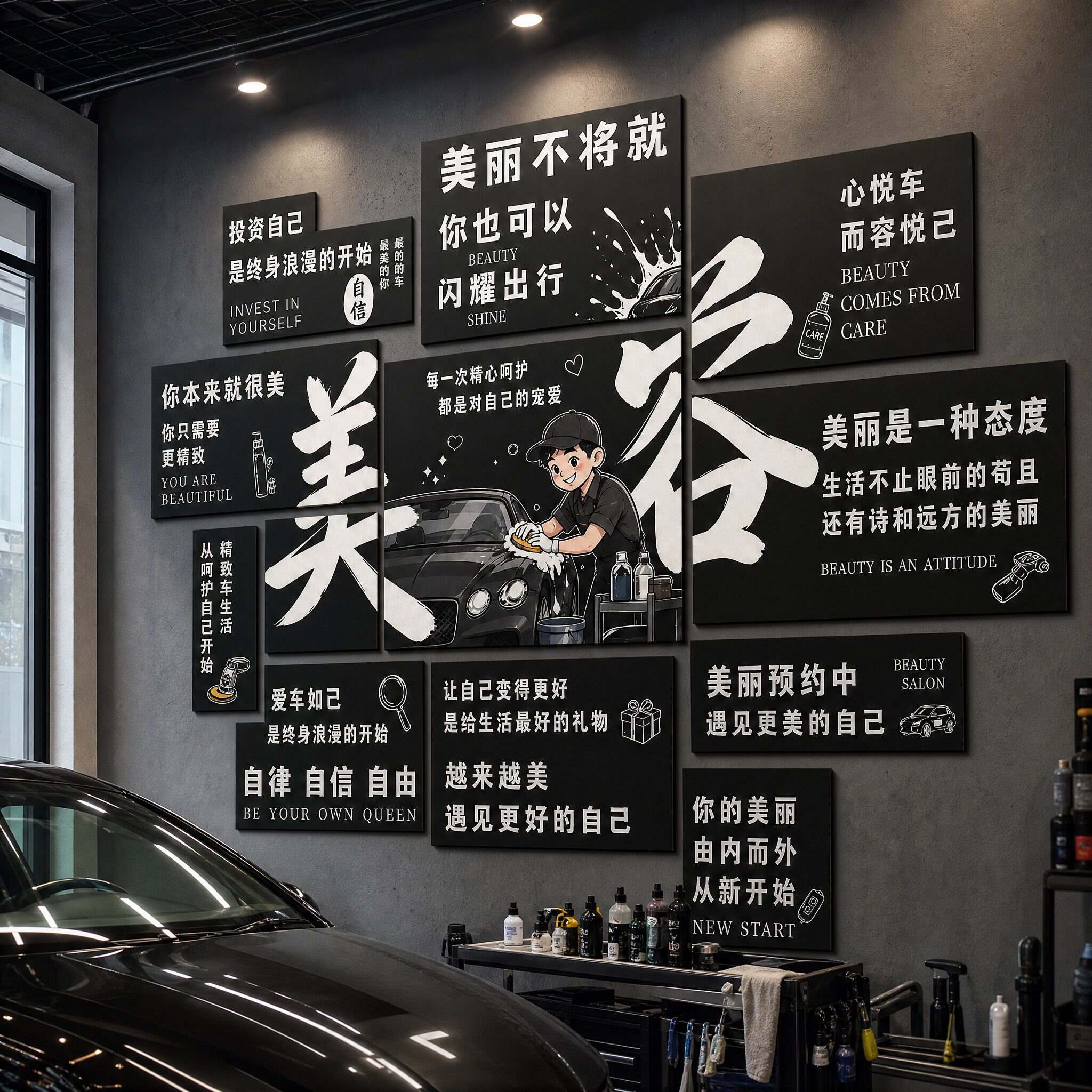 汽修店墙面装饰画汽车保养美容洗车广告贴纸修理厂网红形象背景墙