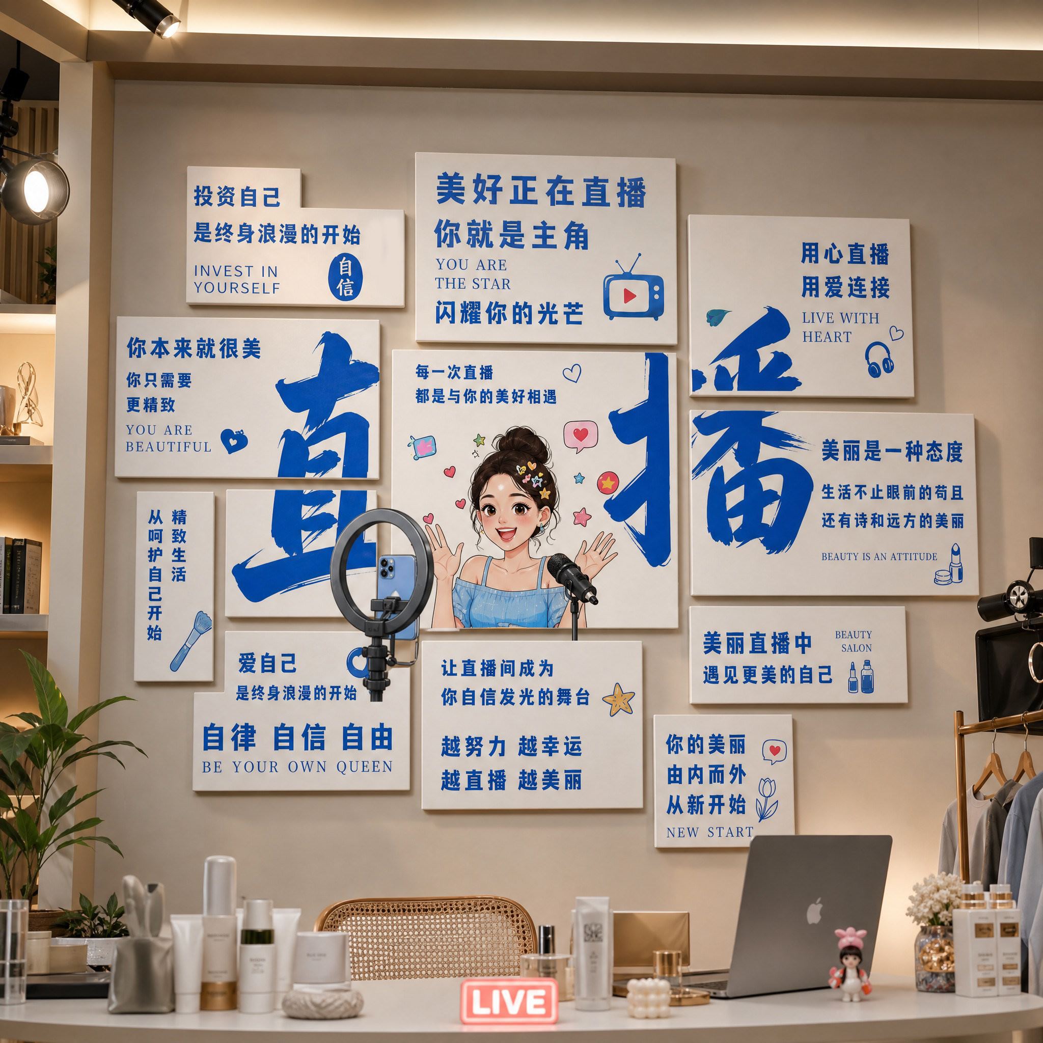 网红直播间装饰墙面背景氛围布置主播拍摄录影布景墙贴创意海报