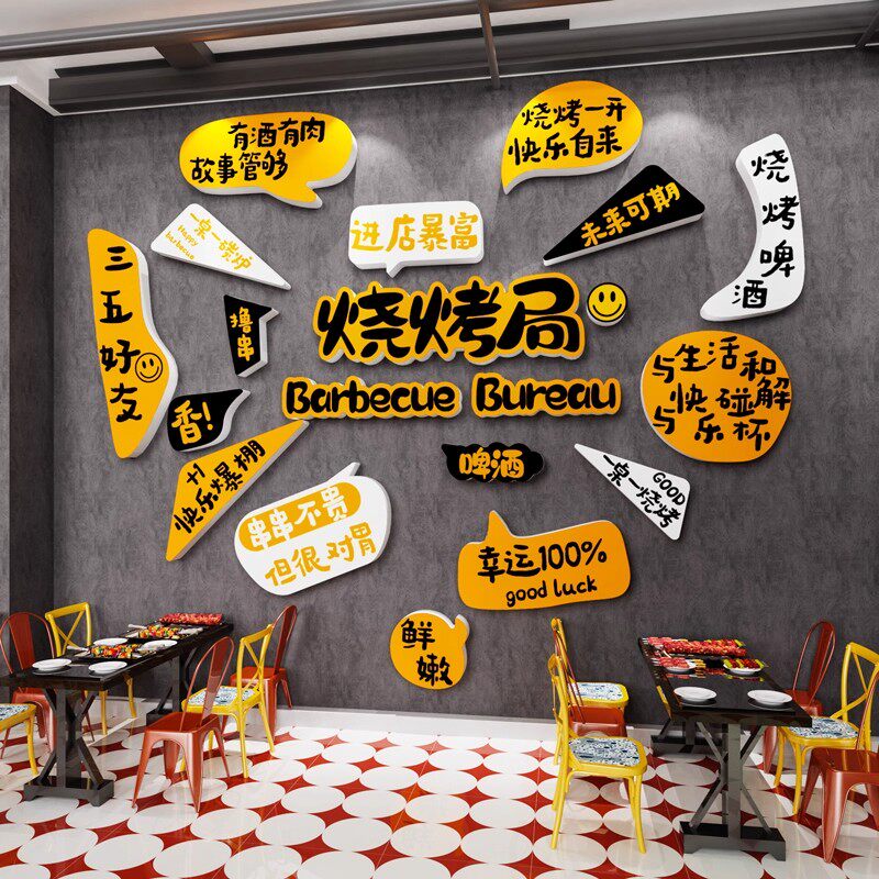 工业风烧烤店创意墙面装饰氛围布置火锅串串餐饮文化背景贴画