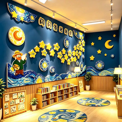 新学期幼儿园艺术环创班级文化墙贴布置装饰黑板报边框梵高星月夜
