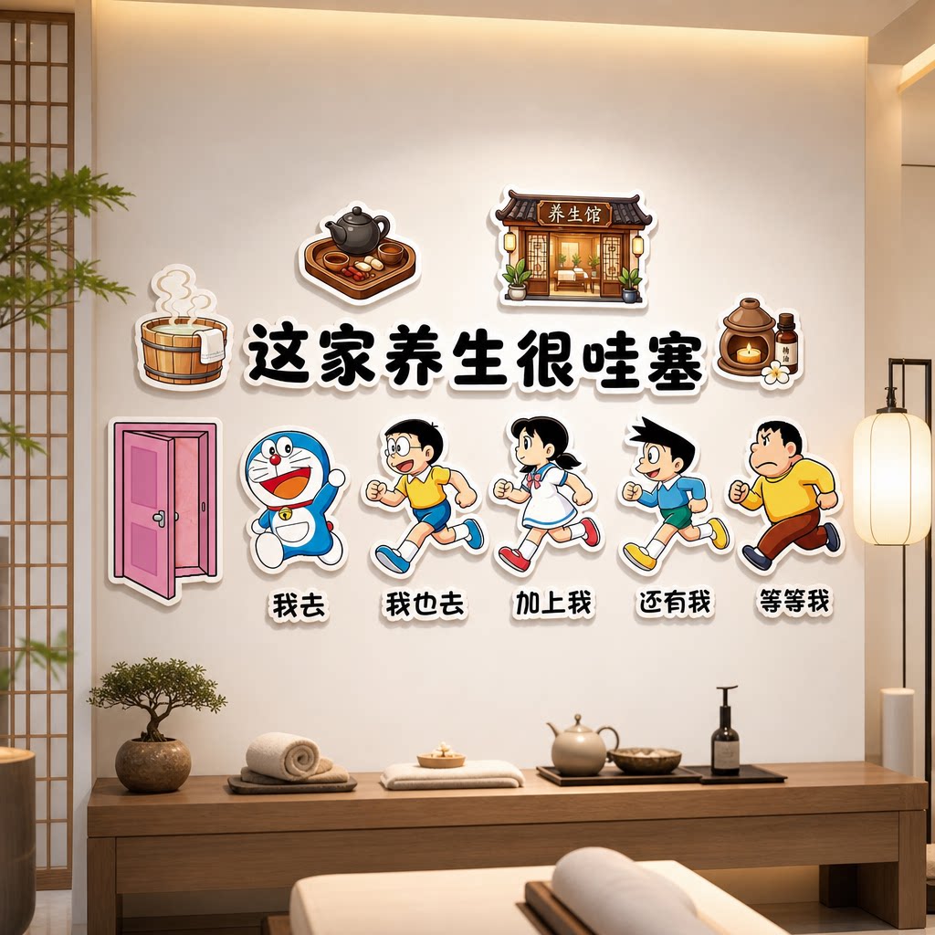 禅意馆哆啦A梦布置艾灸馆理疗墙贴装饰创意收银养生馆网红造景