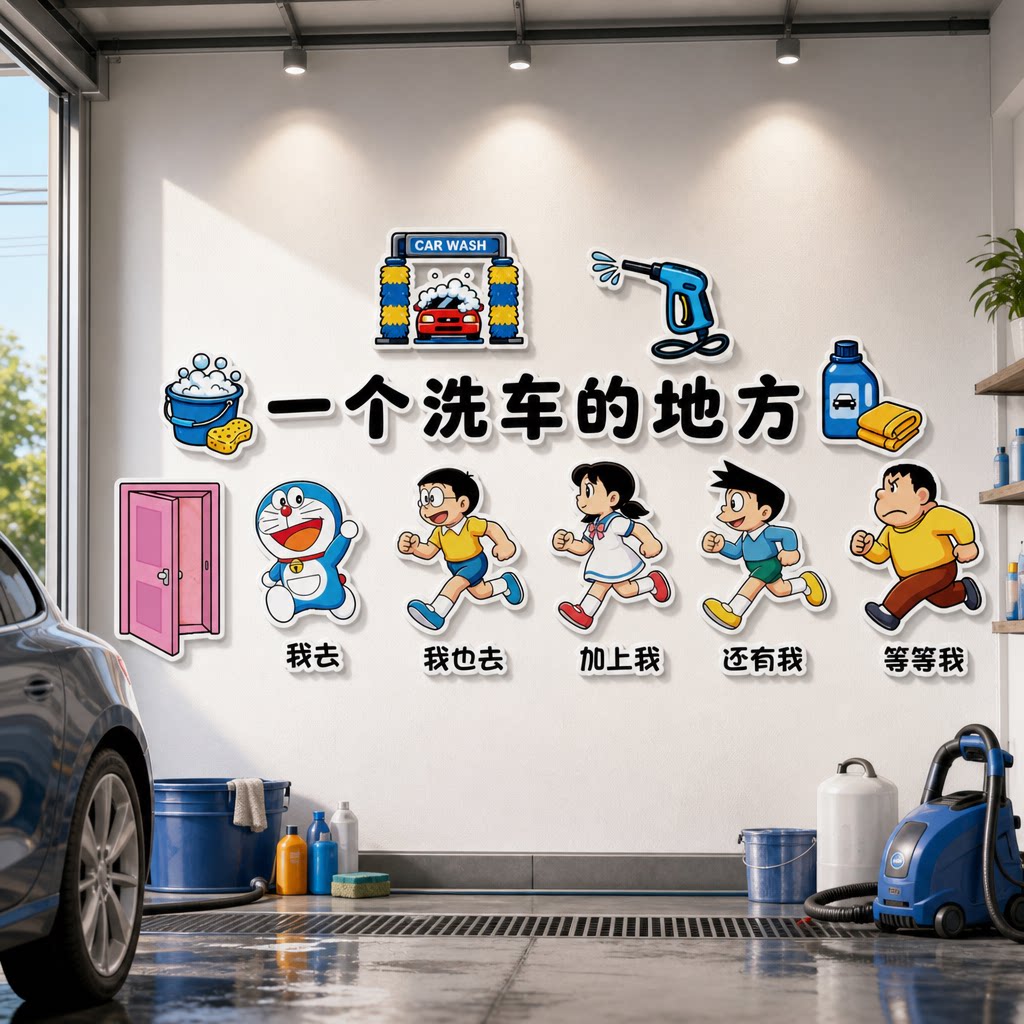 网红汽车美容哆啦A梦收银4S店打卡墙贴装饰洗车背景墙车友贴画