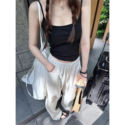 白色亚麻感阔腿裤女夏休闲松