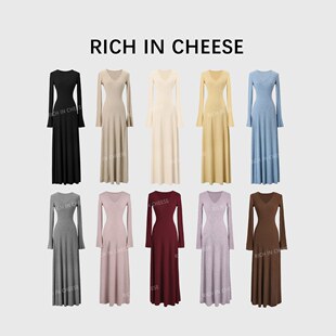 舒胡蕾 茶香可颂【V领长裙】气质针织连衣裙女高级感收腰打底裙子