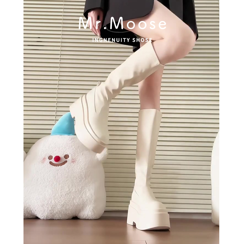 厚底增高骑士靴女2025新款秋冬白色长筒靴小个子高筒靴真皮瘦瘦靴